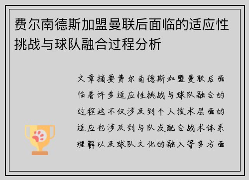 费尔南德斯加盟曼联后面临的适应性挑战与球队融合过程分析