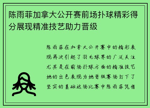 陈雨菲加拿大公开赛前场扑球精彩得分展现精准技艺助力晋级