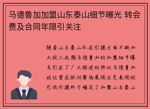 马德鲁加加盟山东泰山细节曝光 转会费及合同年限引关注
