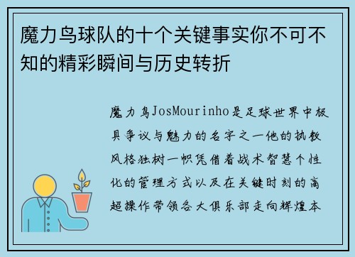 魔力鸟球队的十个关键事实你不可不知的精彩瞬间与历史转折