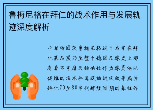 鲁梅尼格在拜仁的战术作用与发展轨迹深度解析